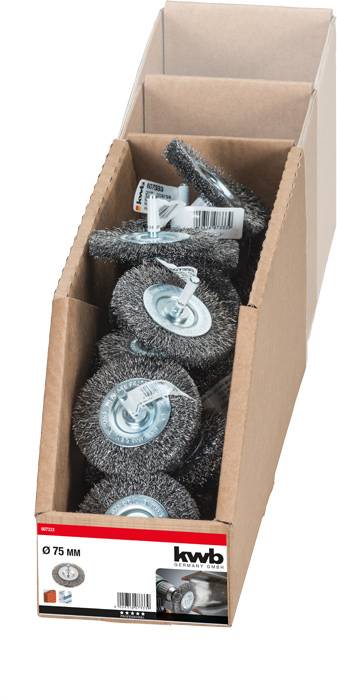 Box containing multiple metallic wire brushes, 75 mm diameter, by the brand 'kwb'.