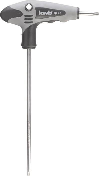 T-shaped screwdriver with two metal tips of different sizes, grey handle and 'kwb' logo. Suitable for various screws.