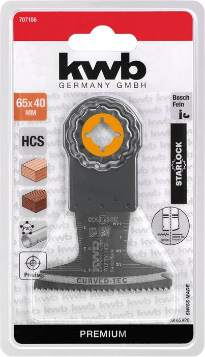 KWB Saw Blade Starlock 65x40 mm, suitable for wood, PVC and plasterboard. Shows brand logo, product specifications and packaging.