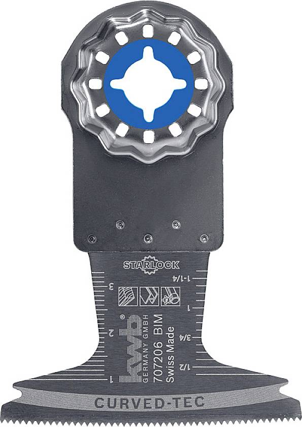 Multitool saw blade with Starlock mounting, curved cutting edge and precise tooth structure, ideal for wood and metal processing.