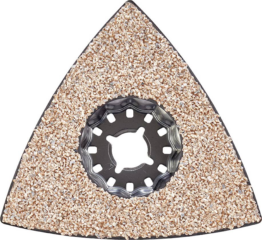 A triangular oscillating sanding attachment with a copper-coloured sanding surface and central mounting for tools used in woodworking or metalworking.