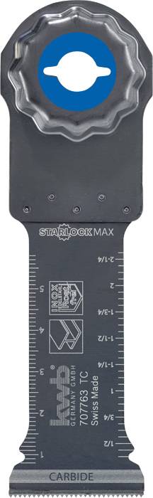 'Starlock Max' saw blade with serrated steel edge; brand logo and product information printed.