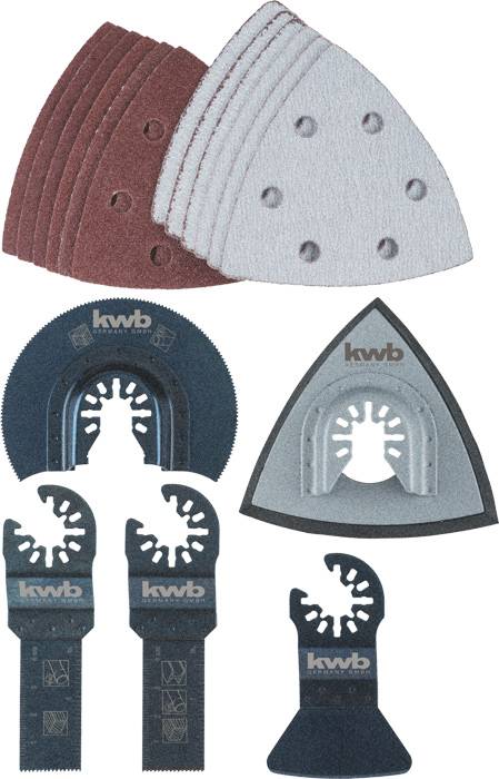 Set of grinding and cutting tools, comprising grinding sheets of various grits and cutting blades, suitable for multitools.