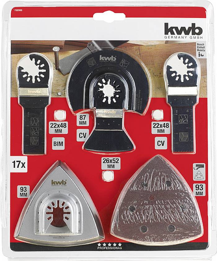 kwb Tool Set: 5 different saw blades for various materials, packed in a red plastic case.