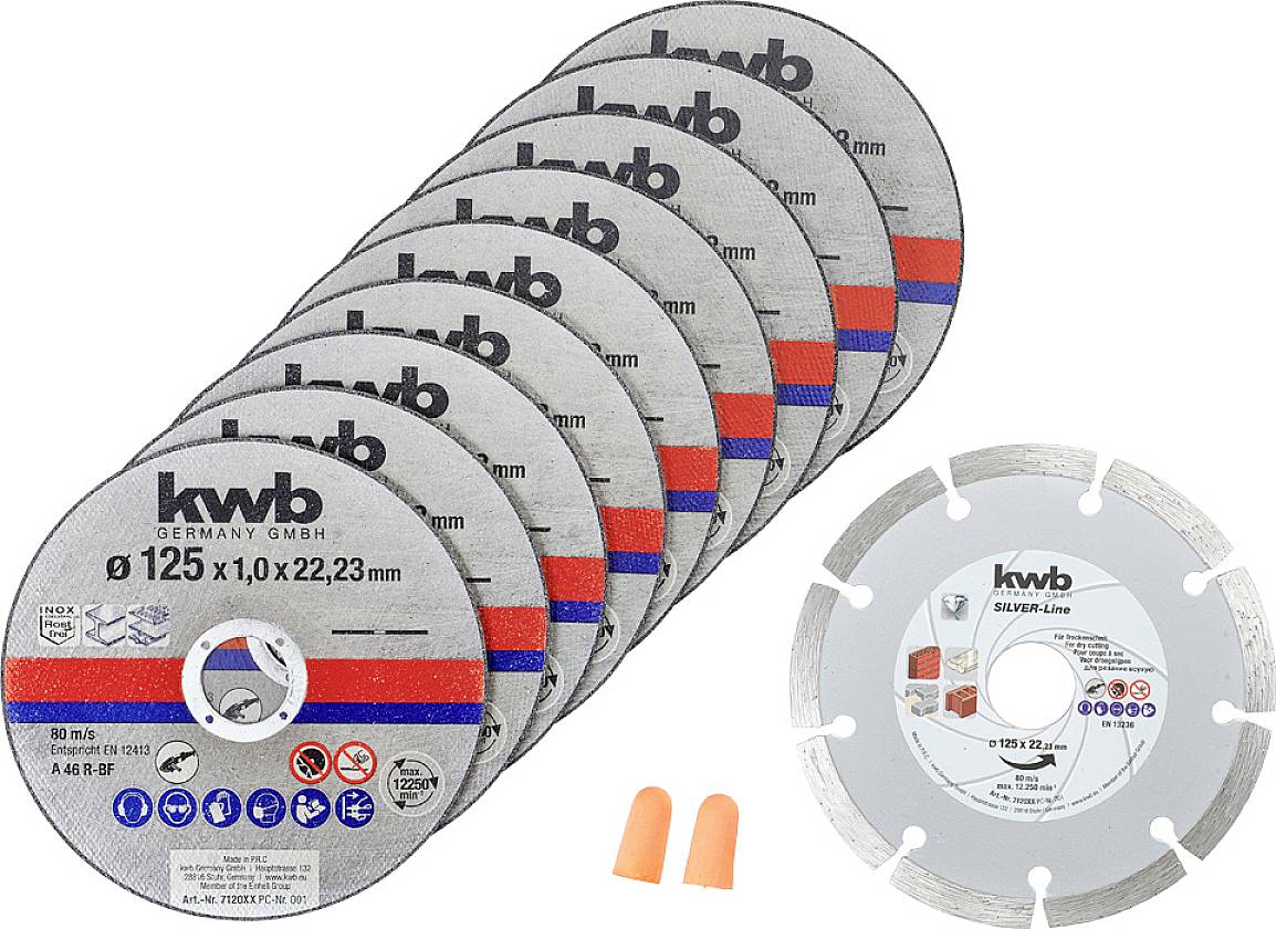 Set of cutting discs with earplugs. Contains seven grey metal cutting discs and one diamond-tipped disc. Brand KWB.