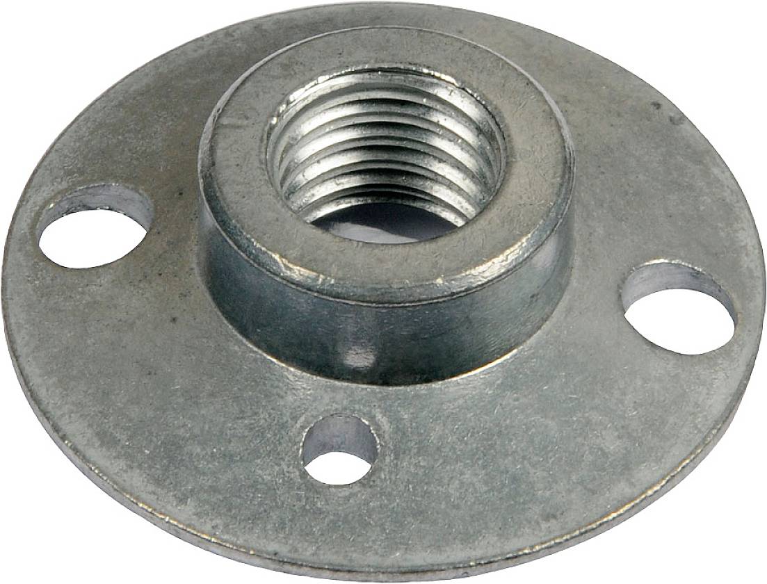 Metal disc with three mounting holes, central internal thread. Used for secure connection of components.