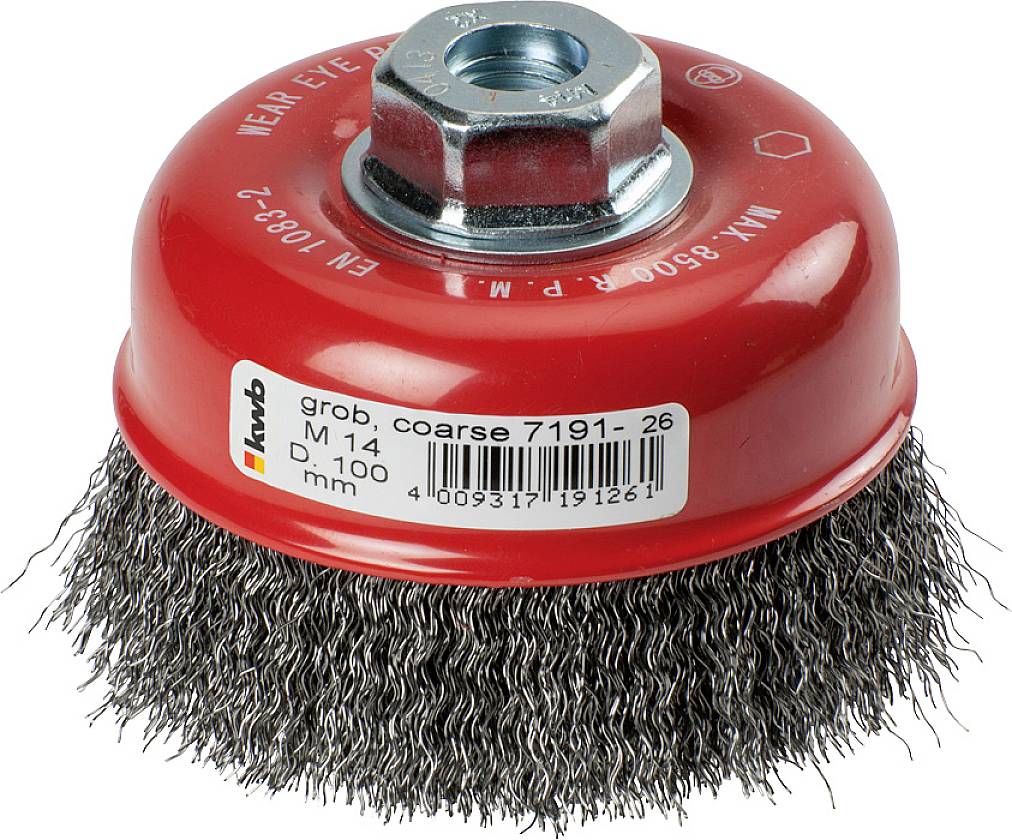 Round wire brush with red housing and metal bristles, suitable for grinding work. Labelled 'coarse 7191-26'.