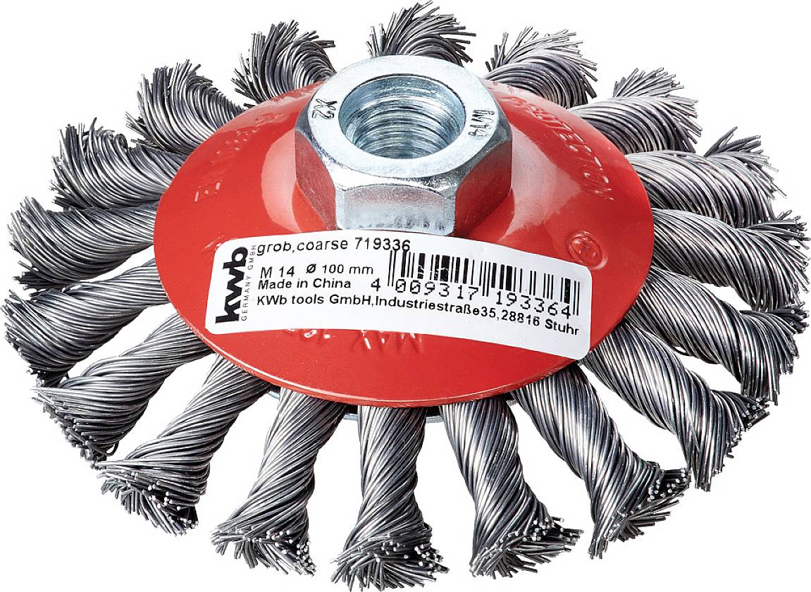 Round brush with twisted steel wires, red metal attachment and label with manufacturer information.