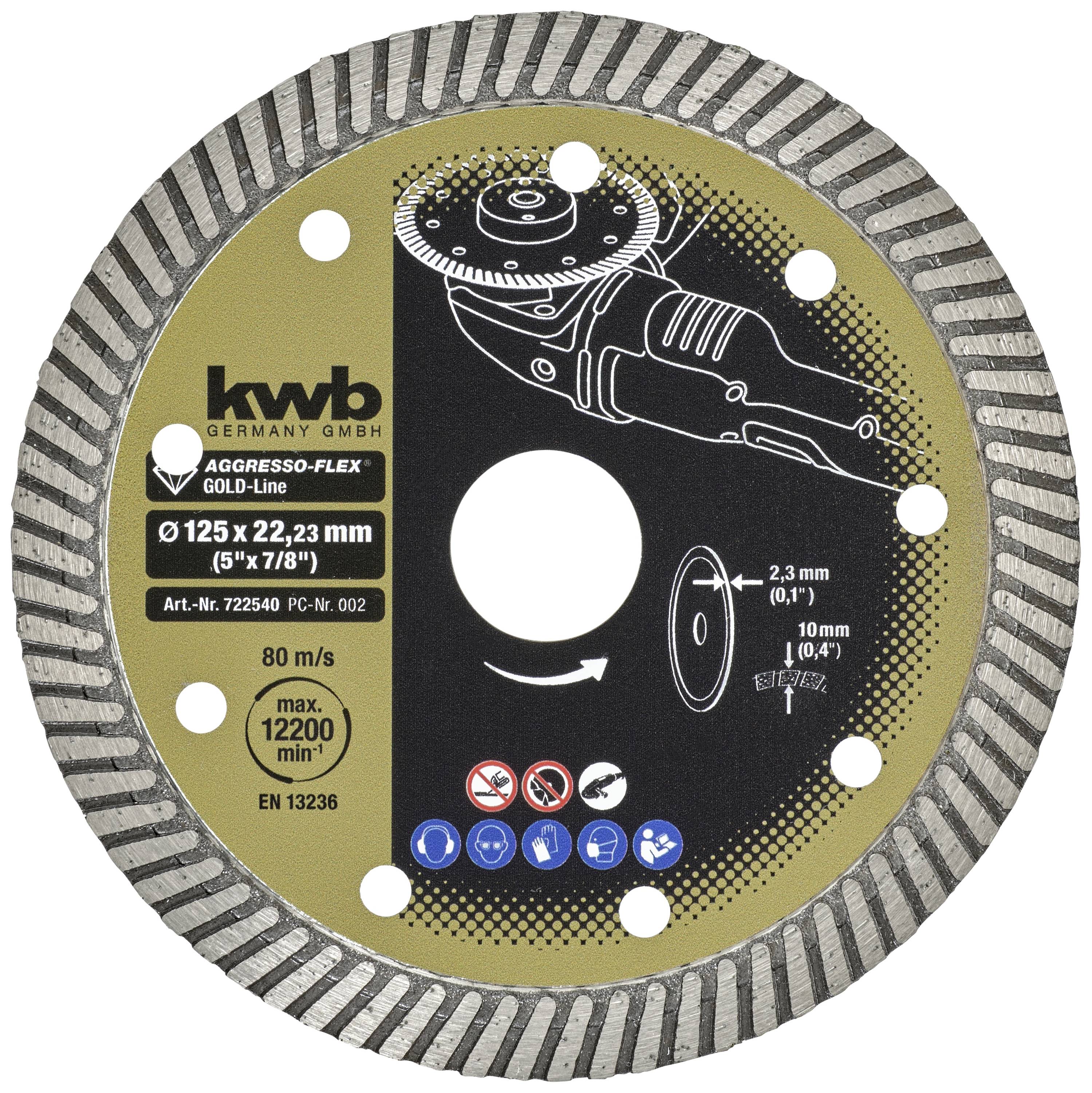 Grinding disc with the inscription 'kwb AGGRESSO-FLEX GOLD-Line', diameter 125 mm, max. 12,200 rpm, for concrete and stone.