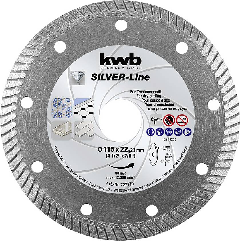 KWB Silver-Line cutting disc for dry cutting, diameter 115 mm. Suitable for tiles, porcelain stoneware, marble.