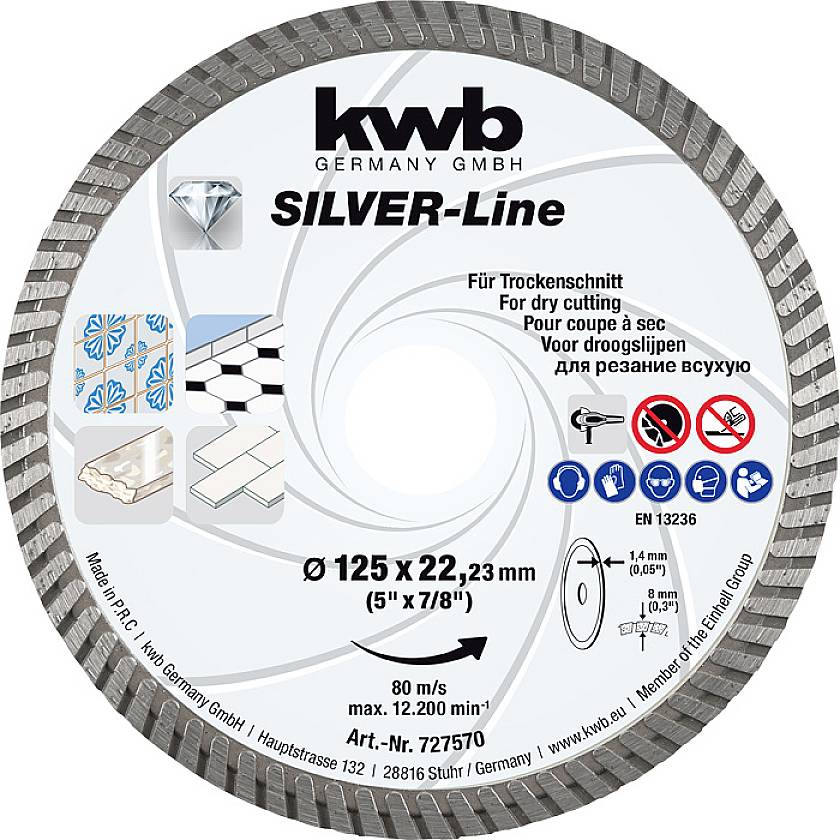 KWB Germany SILVER-Line saw blade, 125 mm diameter, suitable for dry cutting, with usage pictograms.