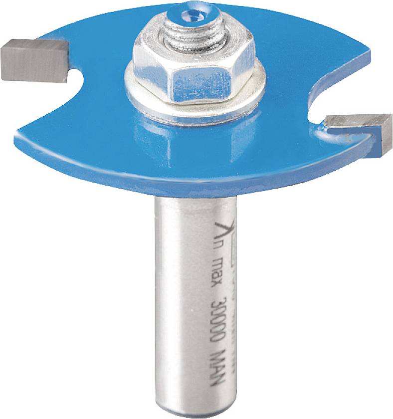 Pictured is a blue wood router with two sharp cutting edges and a silver screw attachment.