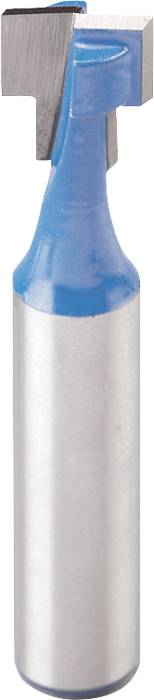 Metal router bit with a blue shaft and silver-coloured cutting edge, typically used for woodworking.