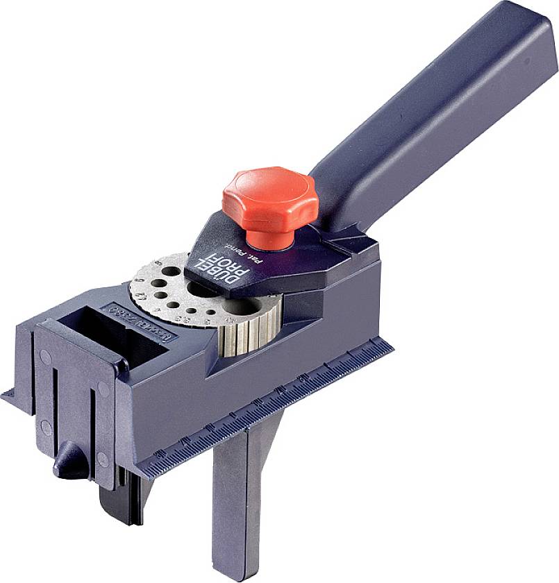 Hole saw holder with red rotary knob and ruler markings, used for holding hole saws for precise drilling.