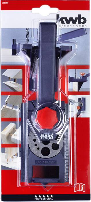 Packaging for a drill template set by 'kwb'. Contains images demonstrating use on wood. Suitable for precise drilling.