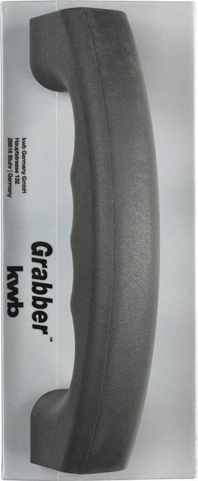 Door handle by kwb, model 'Grabber', in black, vertically positioned. Packaging displays manufacturer details.