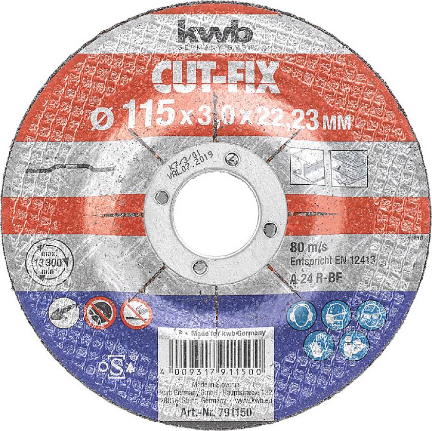 Grinding disc with 'CUT-FIX' inscription, 115 mm diameter, 80 m/s. Suitable for metalworking in accordance with EN 12413 standard.