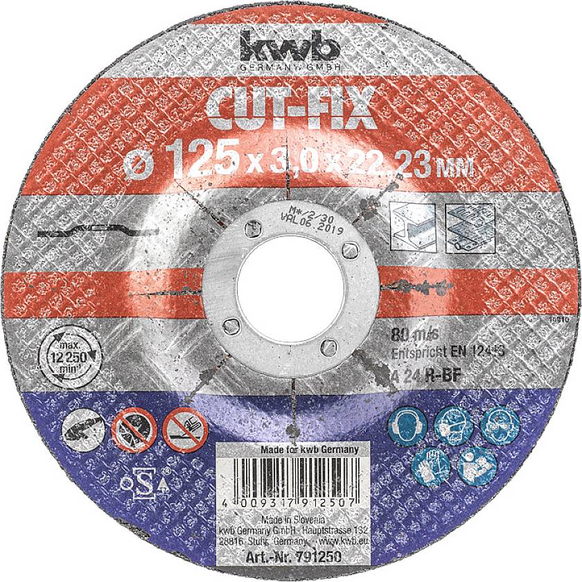 Grinding disc 'KWB CUT-FIX' with 125 x 3.0 x 22.23 mm dimensions, suitable for metal, symbolised by pictograms. Complies with EN 12413.