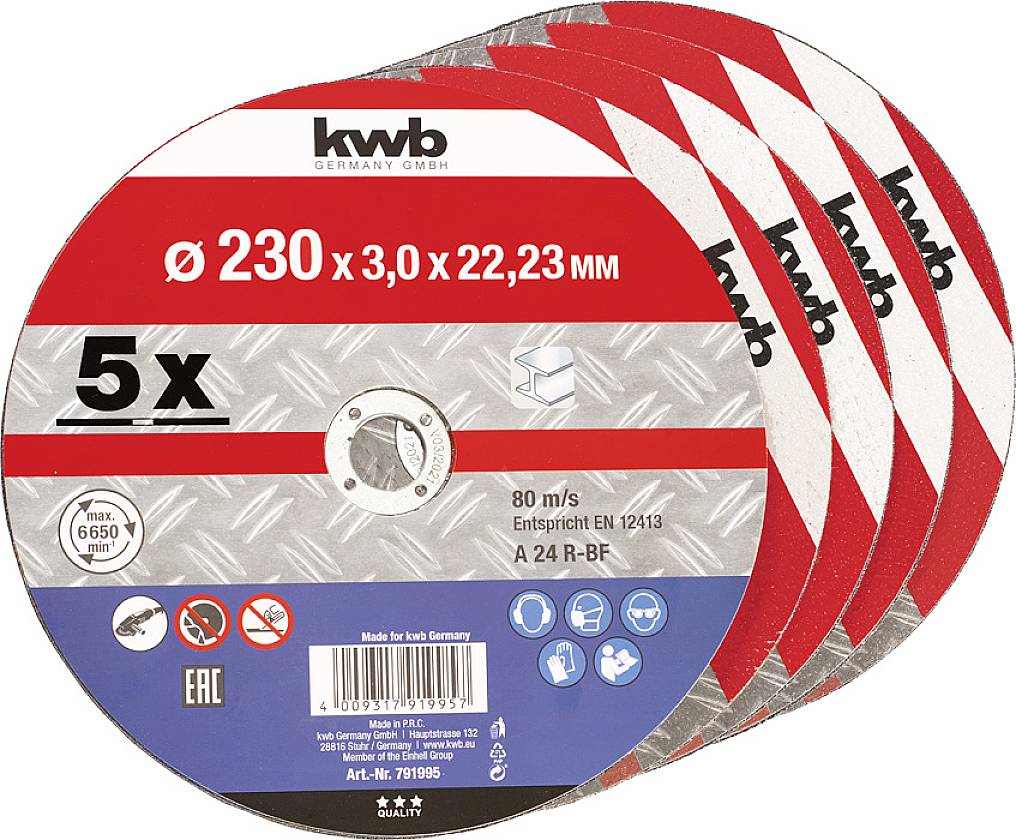 Five red cutting discs for angle grinders, Ø 230 mm, thickness 3.0 mm, with 'kwb' marking, suitable for metalworking.