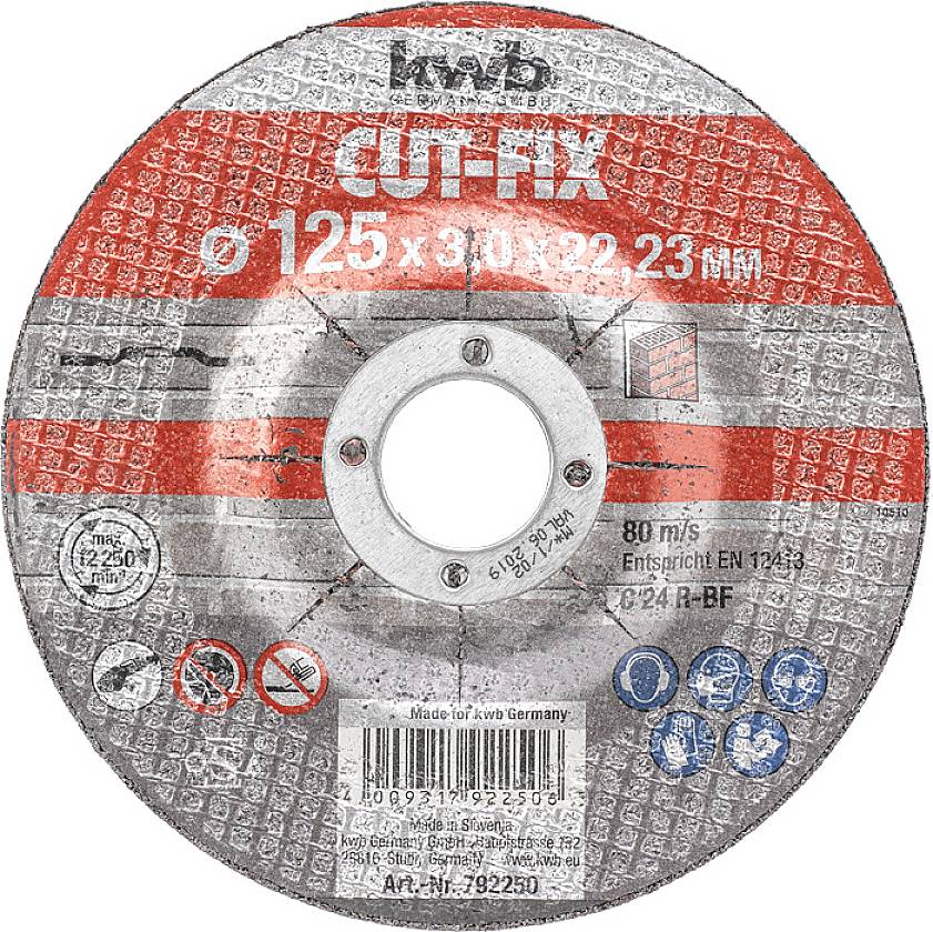 Grinding disc with the inscription 'CUT-FIX 125 x 3.0 x 22.23 mm', max. 80 m/s, complies with EN 12413, C 24 R-BF, suitable for metalworking.