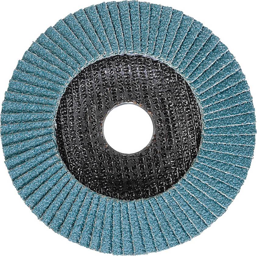 Grinding disc with blue blades, a round black centre, used for smoothing or polishing surfaces.