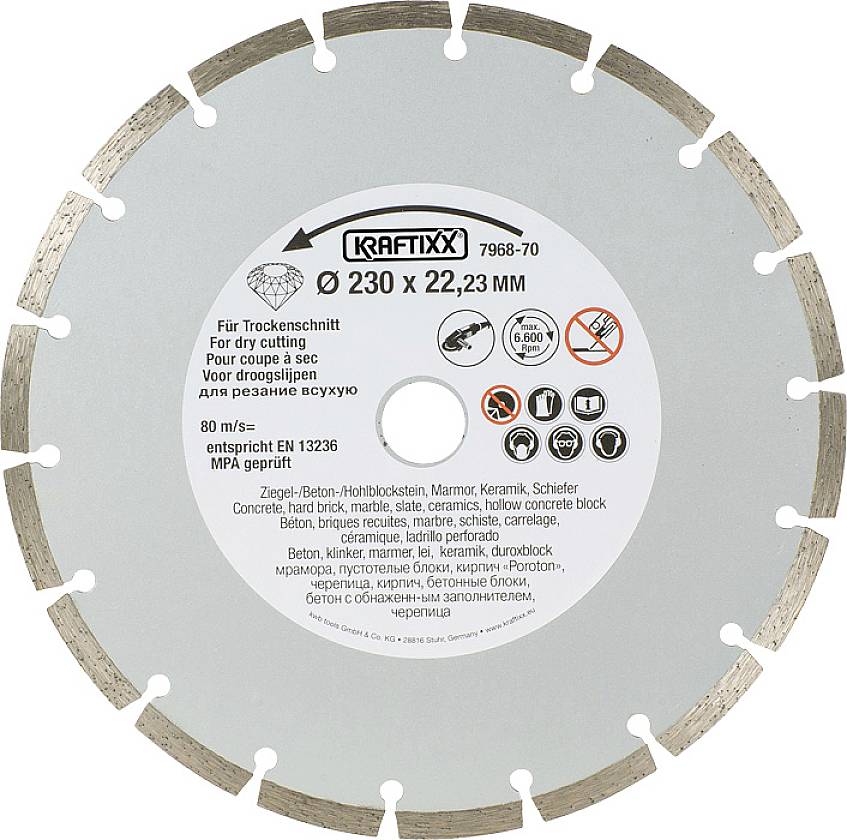 Diamond cutting disc Ø 230 x 22.23 mm, suitable for dry cutting of brick, concrete, marble, ceramic. Maximum rotational speed 6,650 rpm.