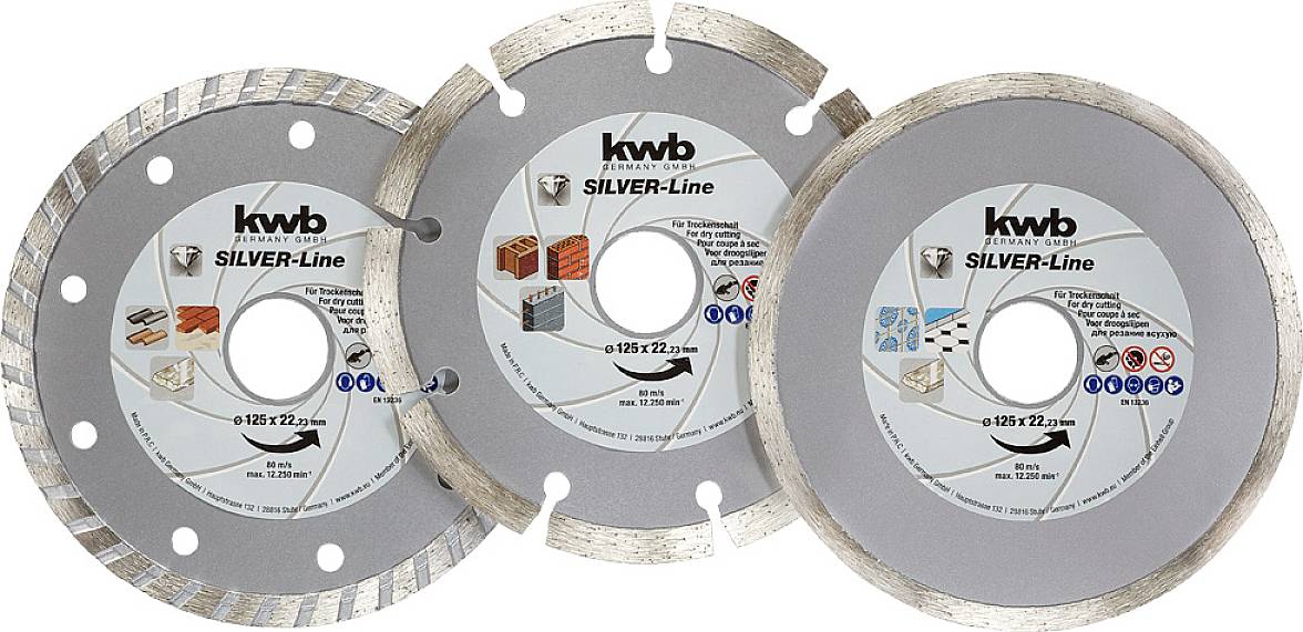 Three diamond cutting discs with different edges, suitable for cutting tiles, concrete and stone.