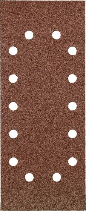 A rectangular sandpaper with brown grit and twelve evenly distributed white holes for dust extraction.