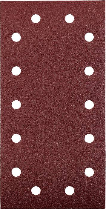 Red sandpaper with 14 evenly distributed holes in two vertical rows.