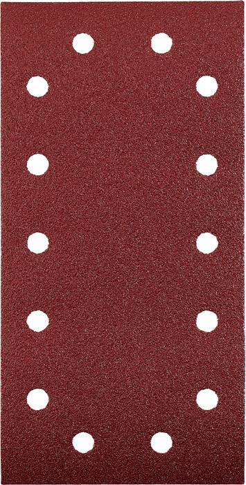 Rectangular red sandpaper with 14 symmetrically distributed holes.