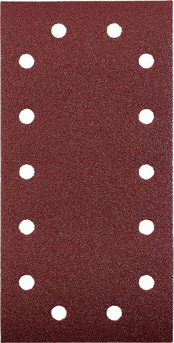 The image shows a rectangular, red sandpaper with a grit of 180. It has several evenly distributed holes.