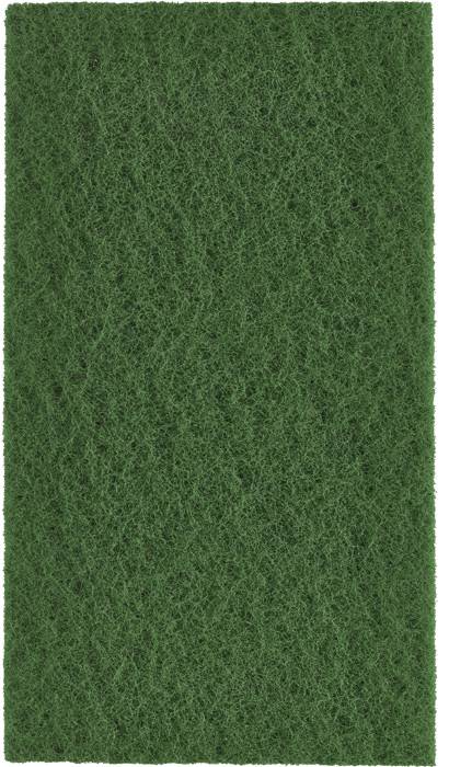 Green scouring kitchen sponge surface, cut in a rectangular shape, is used for cleaning surfaces.