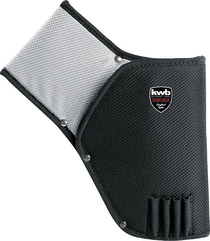 Black and grey tool bag made from durable material with multiple compartments, metal press studs, and a 'kwb' logo.