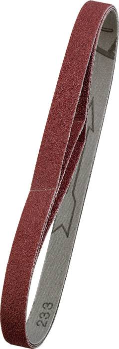 Red sanding belt. It has an oval shape and is used for grinding materials.