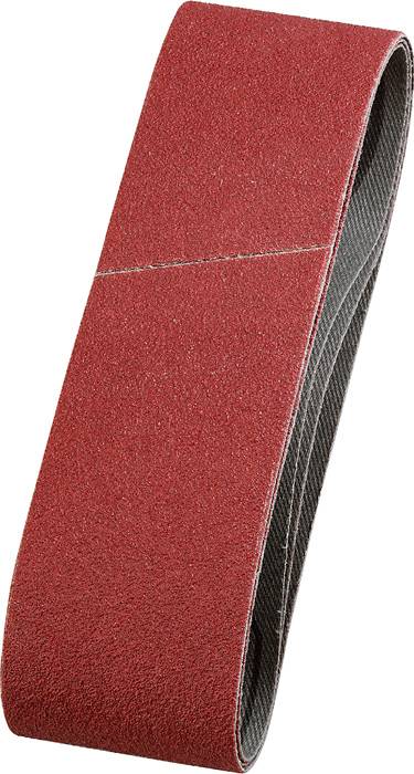 A red sanding belt with a coarse grit, shaped in a loop, for use with belt sanders.