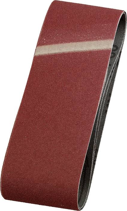 A red sanding belt with a smooth sanding surface and a dark reverse side, used for power tools.