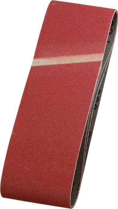 Red sanding belt with a smooth grinding surface, slightly curved. Used for surface treatment and grinding work.