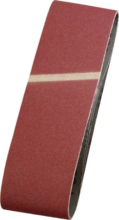 Red sanding belt in an elliptical shape, typical accessory for belt sanders, used for surface treatment of materials.