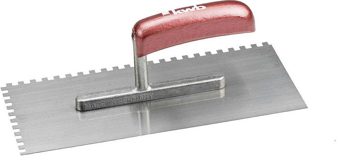 Metal plastering trowel with red handle, rectangular shape, teeth on two sides. Suitable for applying mortar or tile adhesive.