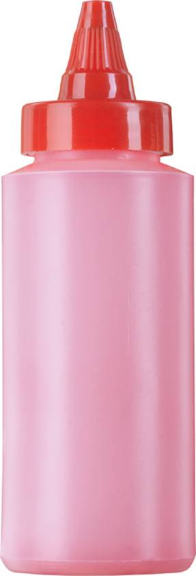 Red plastic bottle with a pointed cap, typical for sauces.