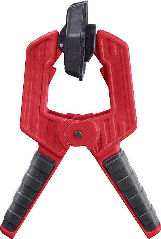 A red plastic clamp with black handles and a circular clamping unit, typically used for workpieces.