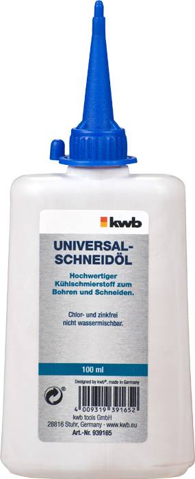 A white plastic bottle with a blue cap and label. 'Universal Cutting Oil' for drilling and cutting, contains 100 ml.
