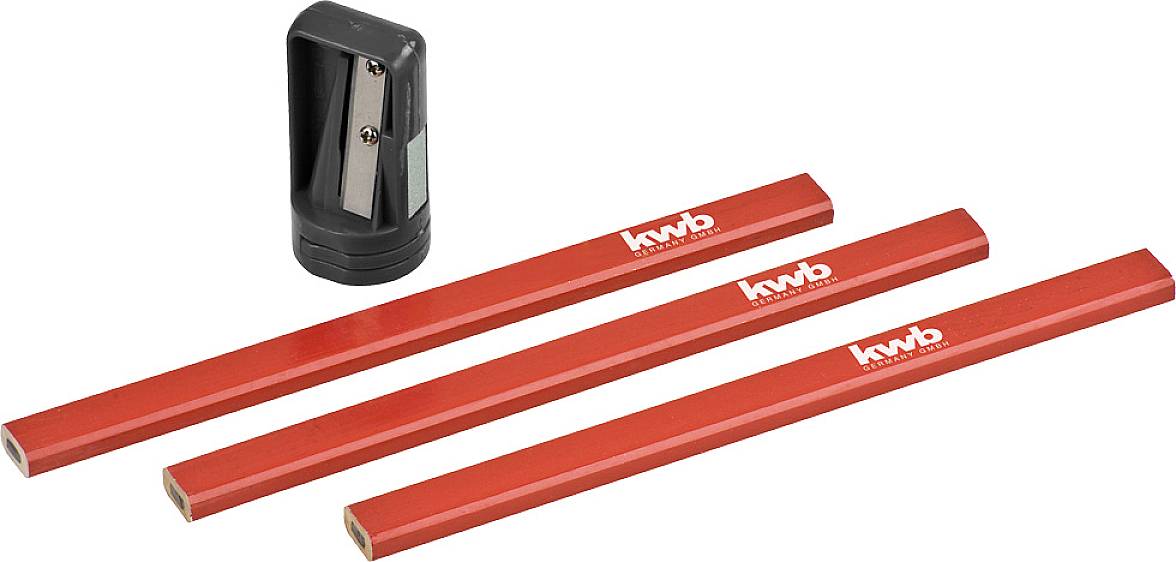Red carpenter's pencils with the 'kwb' logo and a black pencil sharpener.