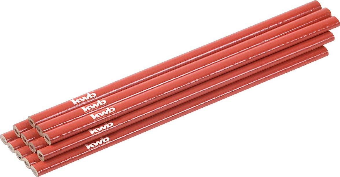 Eight red pencils with the 'kwb' imprint, stacked.