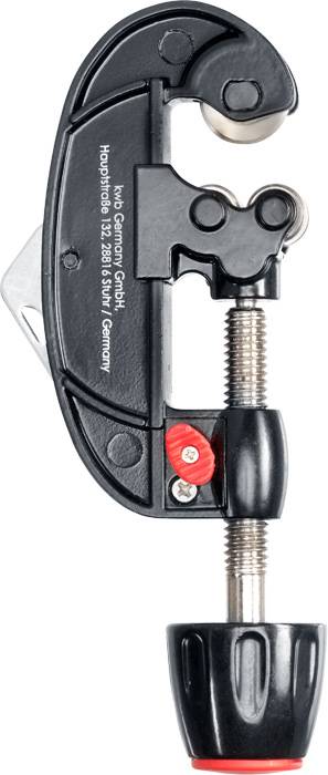 Pipe Cutter in Side View, Black in Colour with Red Button, Suitable for Cutting Pipes. Screw Mechanism Visible.