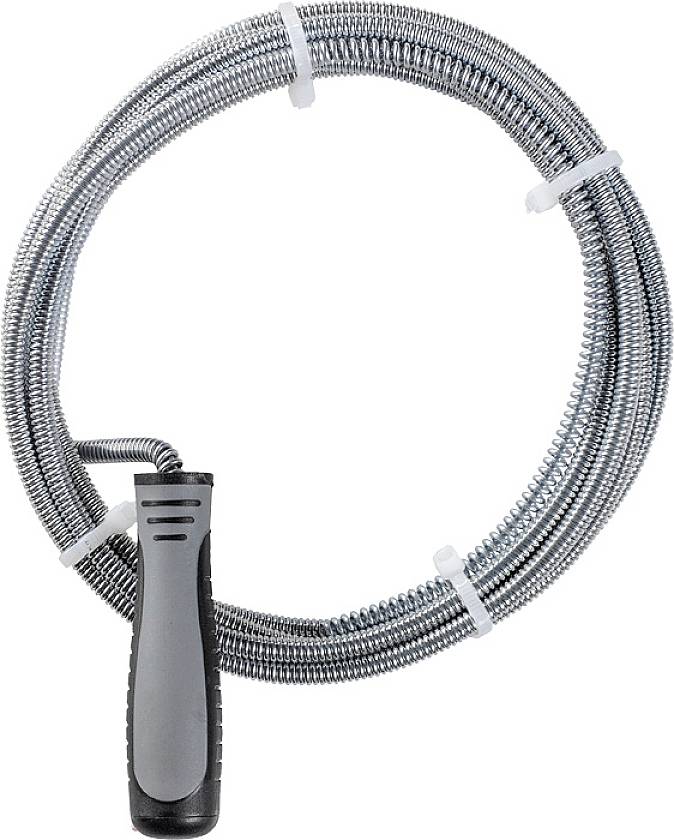 A metal drain cleaning snake with a black handle, coiled, for removing blockages in drains.