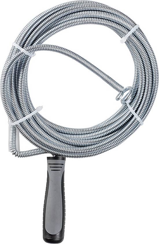 A long coiled drain snake with a black plastic handle, ready for use on plumbing blockages.