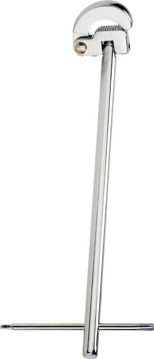 A silver pipe bending tool with a long handle and curved head, used for bending pipes.