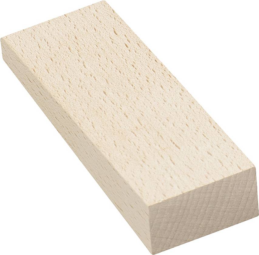A rectangular wooden block made of light-coloured wood, suspended against a white background.