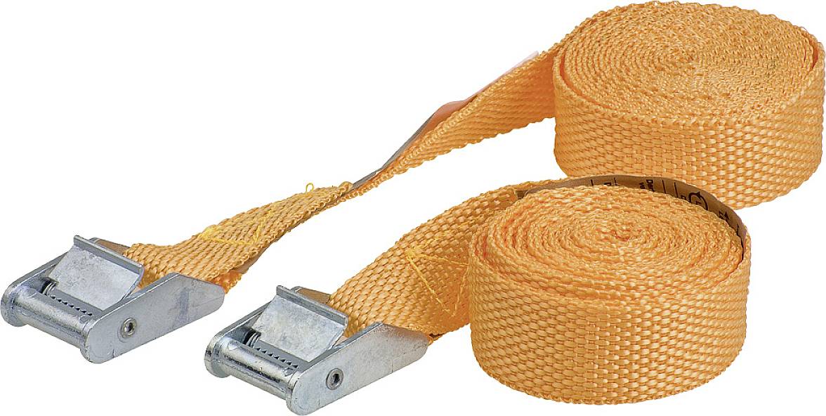 Two orange securing straps with metal buckles, rolled up and ready for use in cargo securing.